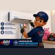 Técnico da GDJ Climatização fazendo a carga de gás (fluido refrigerante) em ar-condicionado split