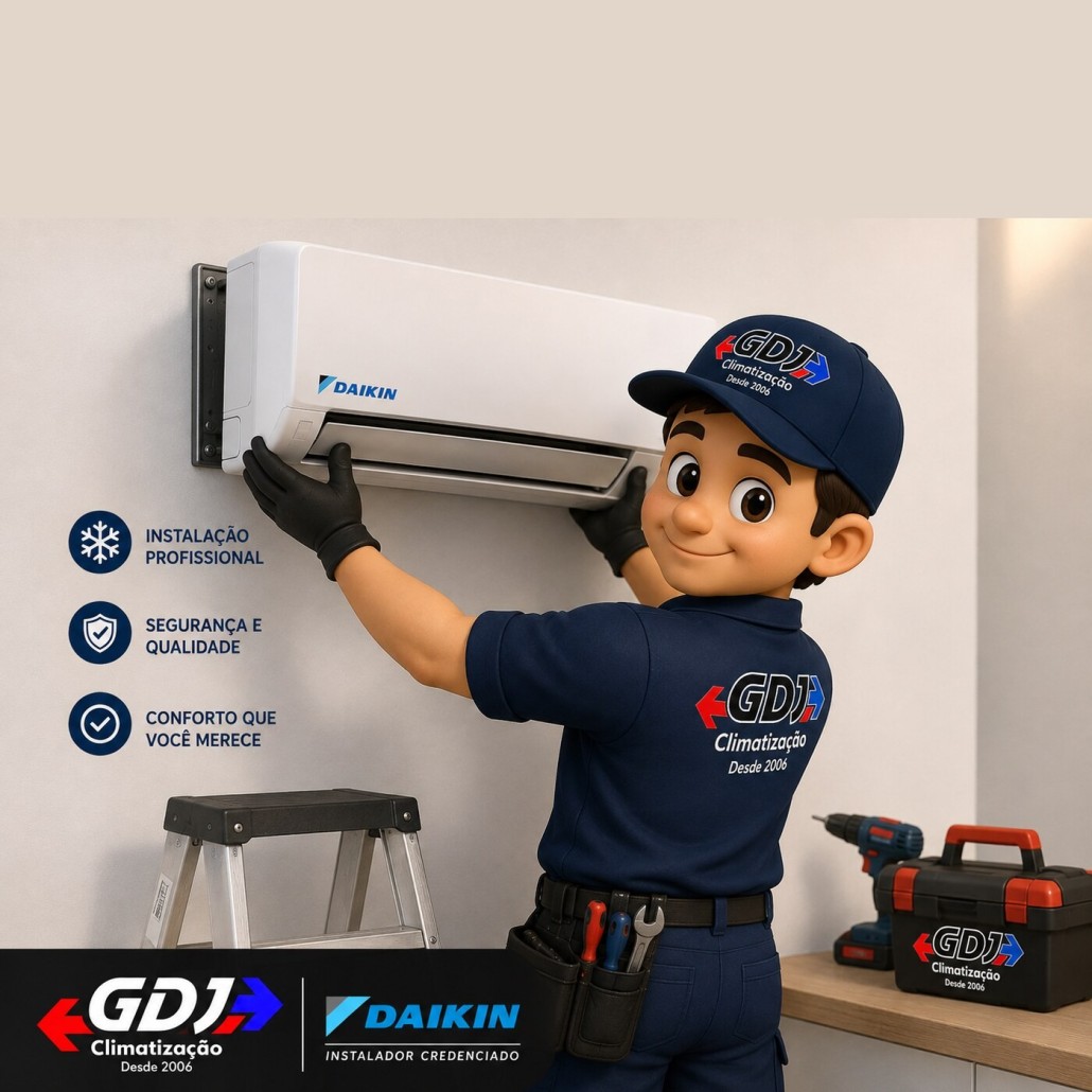 Técnico da GDJ Climatização instalando um ar-condicionado split Daikin: instalação profissional, segurança e qualidade